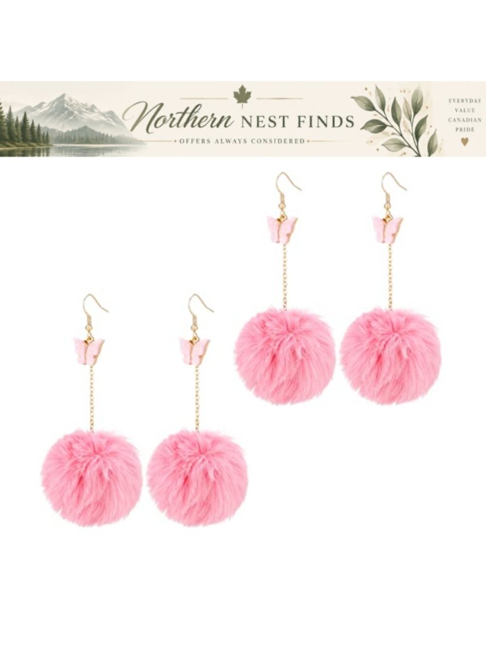 Butterfly Pom Pom Dangle Earrings Faux Fur Ball Fluffy Women